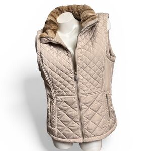 CALVIN KLEIN Cream/Light Tan Medium Weight Quilted Vest With Faux Fur Collar